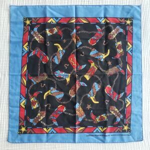 Vtg 80s Bandana Cowboy Boots Western American Blue Red Yellow Western Square